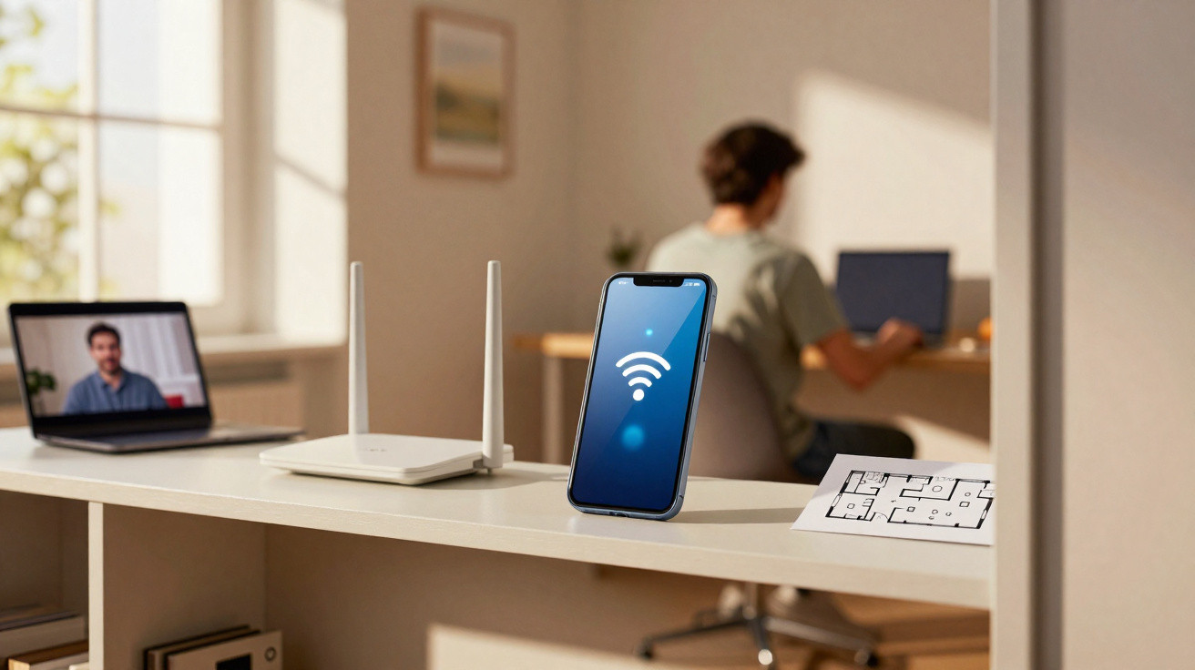 Smartphone showing Wi-Fi symbol beside a wireless router, laptop with video call, and person working in the background.