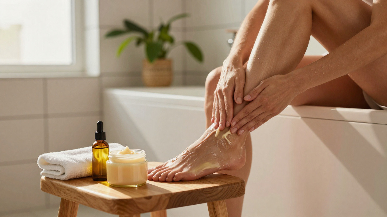 Person applying cream to their foot while sitting on a bathtub edge in a bright bathroom.