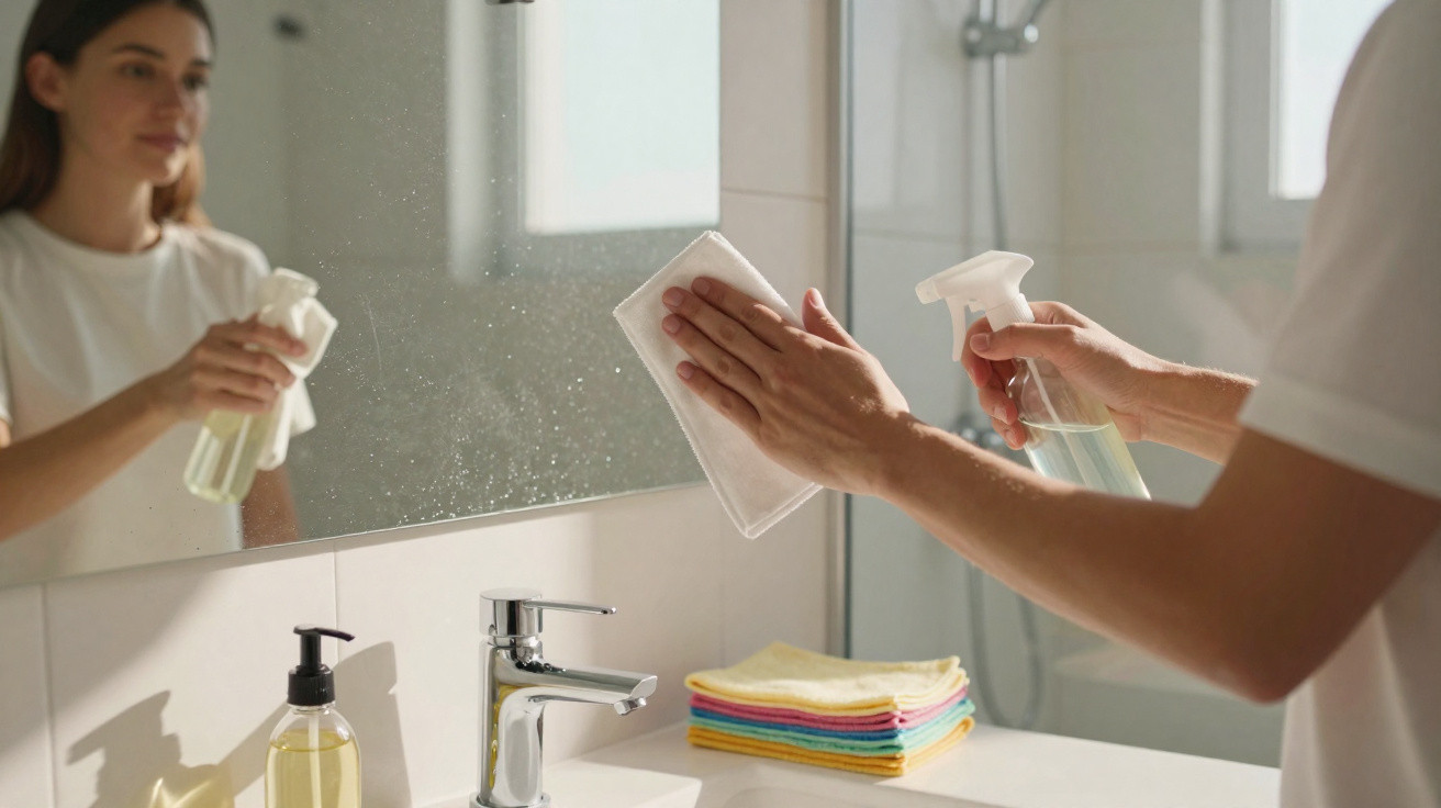 Person cleaning bathroom mirror with spray bottle and cloth, stack of colourful towels on countertop nearby