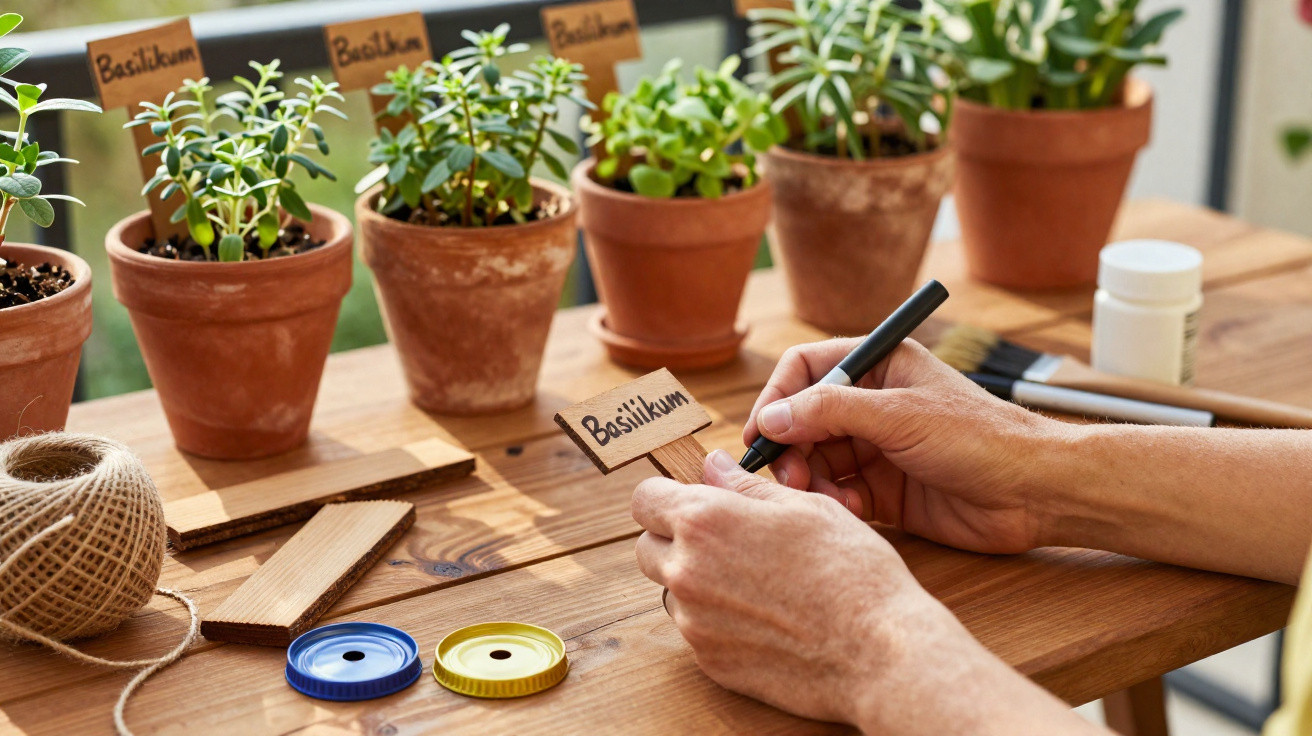 Hands writing "Basilikum" on a wooden plant label beside terracotta pots with basil plants on a wooden table.
