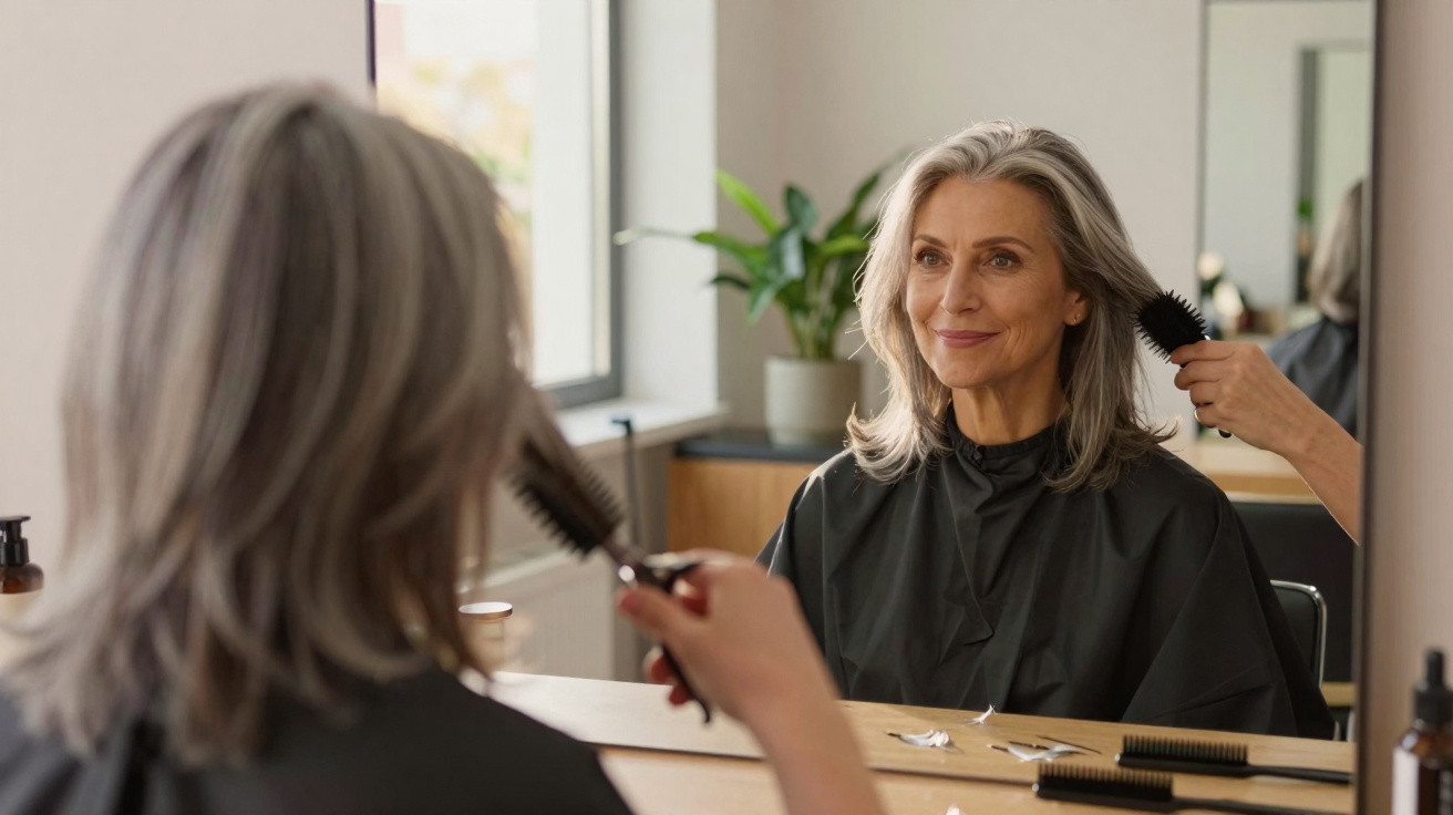 Mature woman with grey hair smiling while brushing her hair in front of a mirror at a salon.