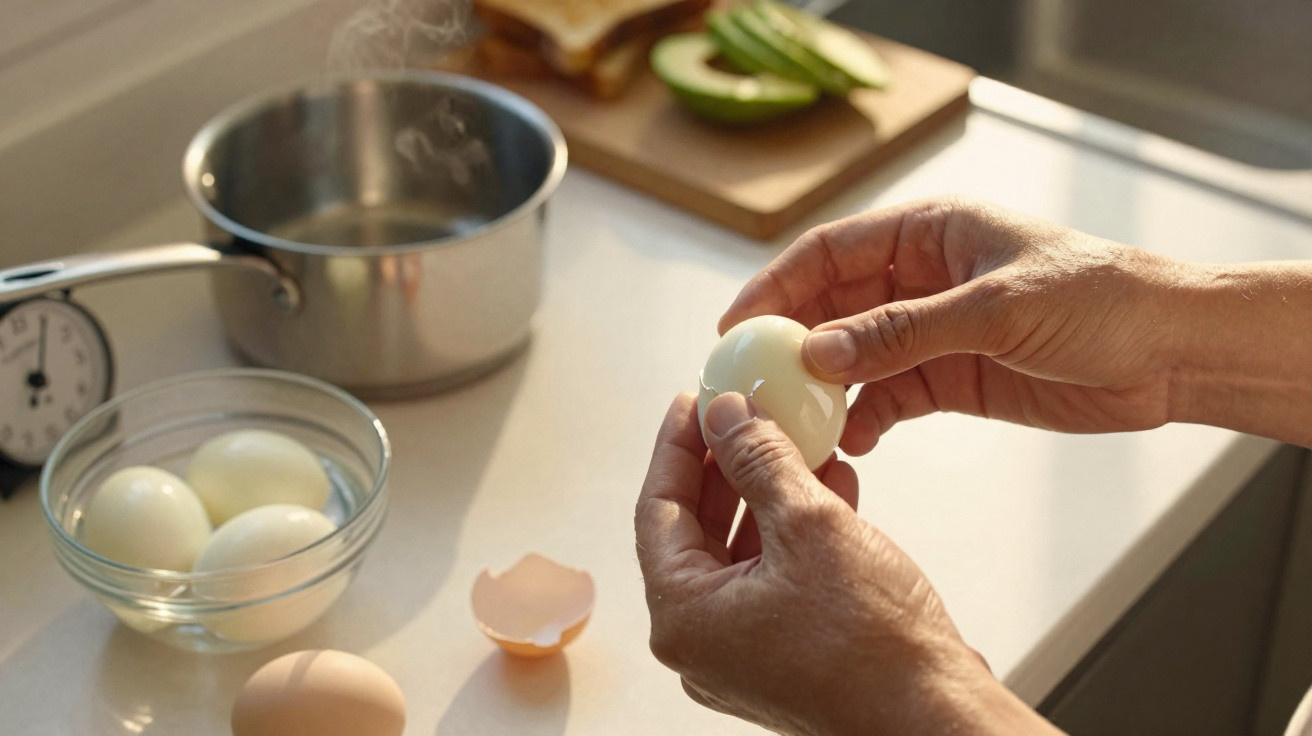 Hands peeling a boiled egg with a pot, timer, sliced avocado, and eggshells on a kitchen counter.