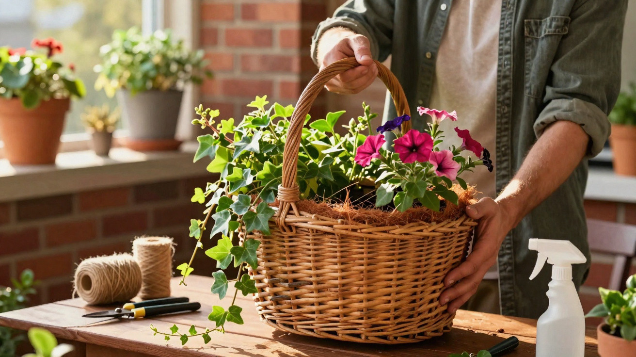 Person arranging pink and purple flowers in a wicker basket on a wooden table indoors.