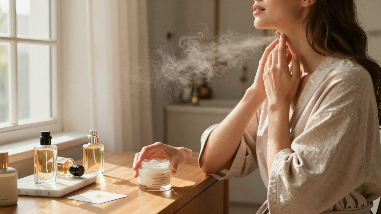 Woman in a robe applying face cream on her neck at a wooden vanity with perfume bottles by a window