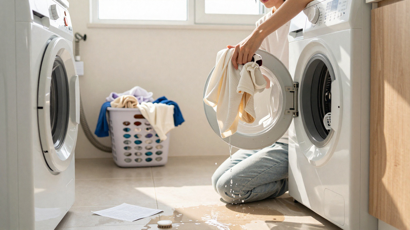 Person kneeling beside a washing machine with wet clothes dripping water onto the tiled floor in a laundry room.