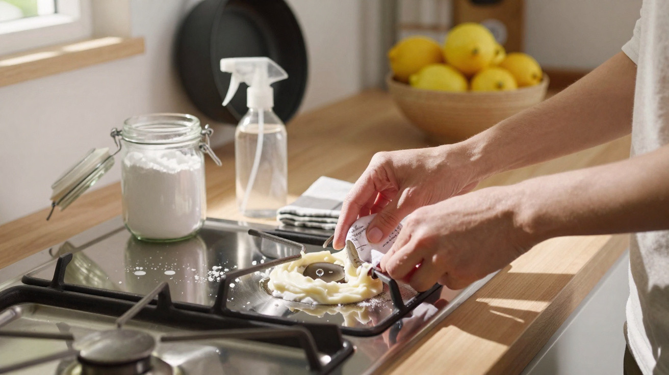 Person cleaning baked-on food from gas stove burner with baking soda and water paste in bright kitchen.