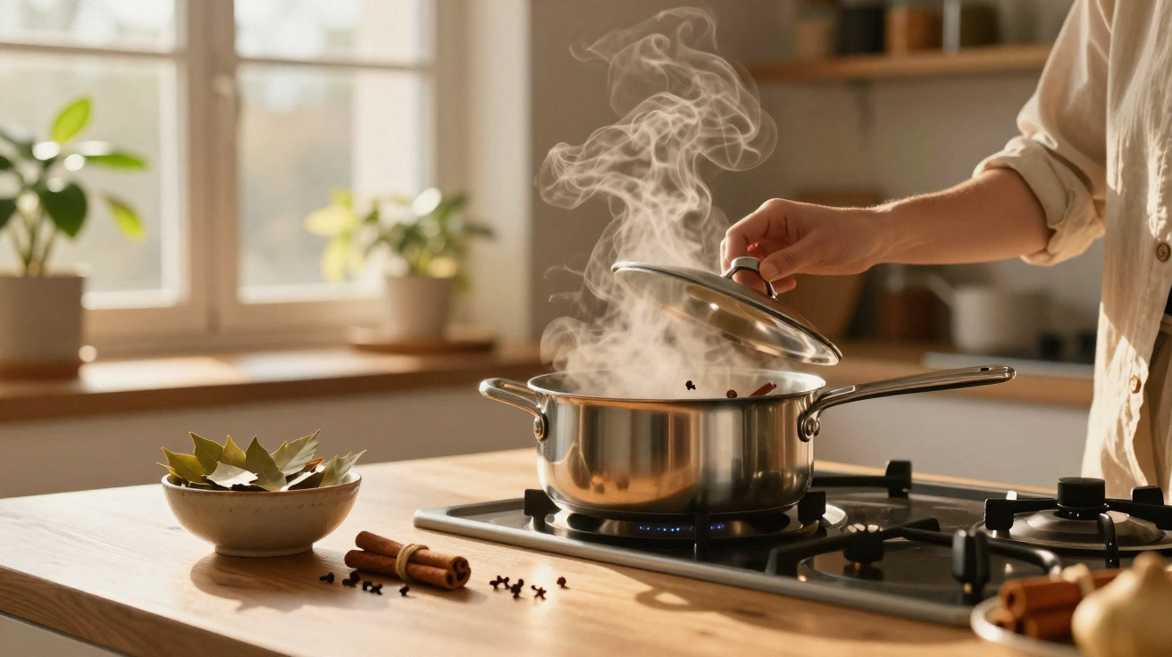 Person lifting lid off a steaming metal pot on a gas stove in a sunlit kitchen with spices on the counter.