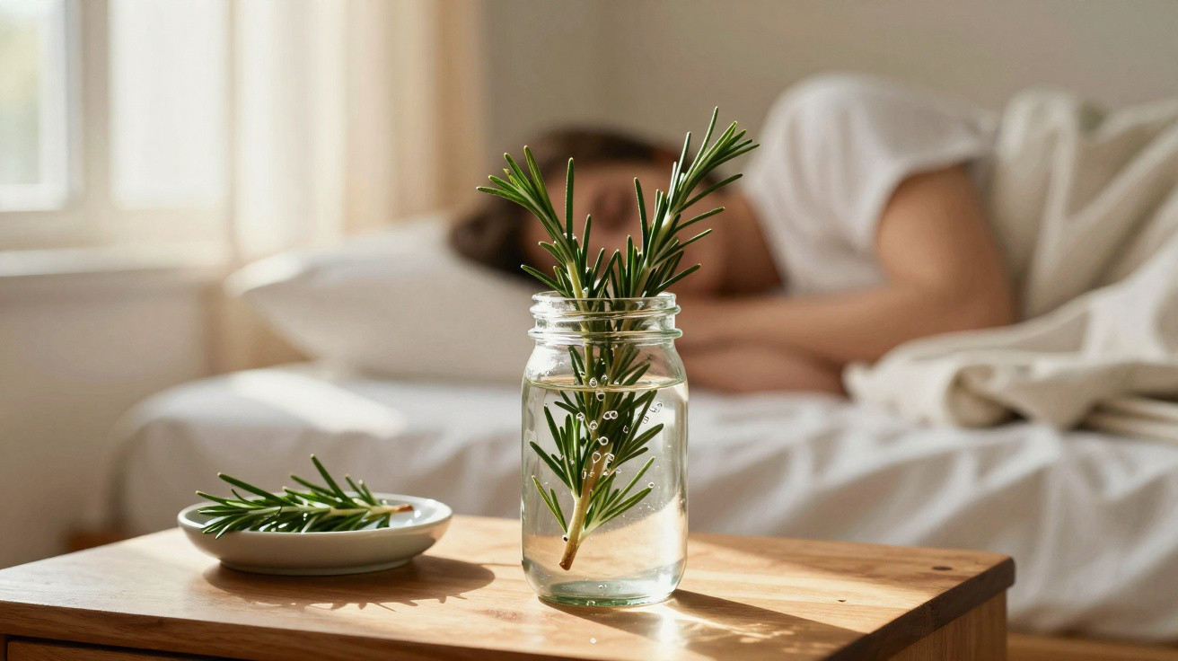 Glass jar with rosemary sprigs in water on wooden table, with person resting in bed in soft natural light