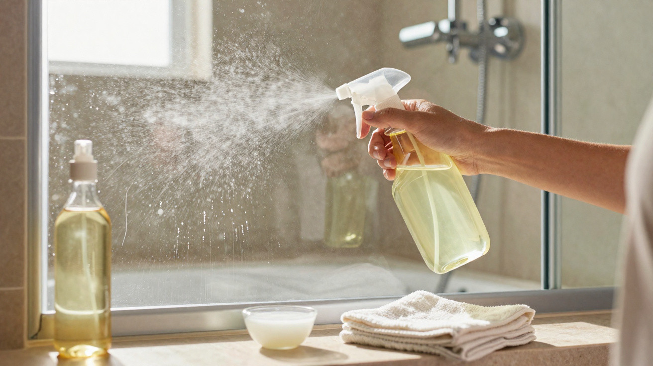 Hand spraying cleaning solution onto a bathroom mirror with folded cloths nearby on the counter.