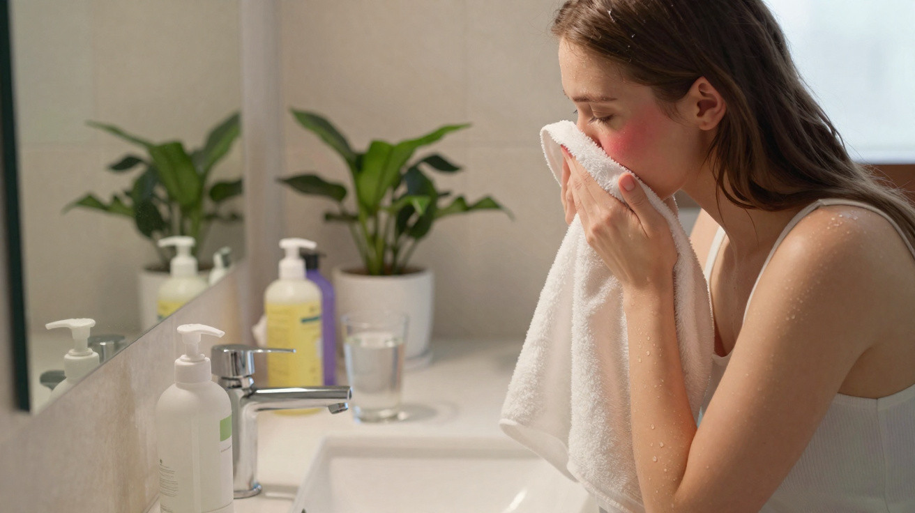 Woman drying her face with a white towel in a bathroom with plants and toiletries on the sink.