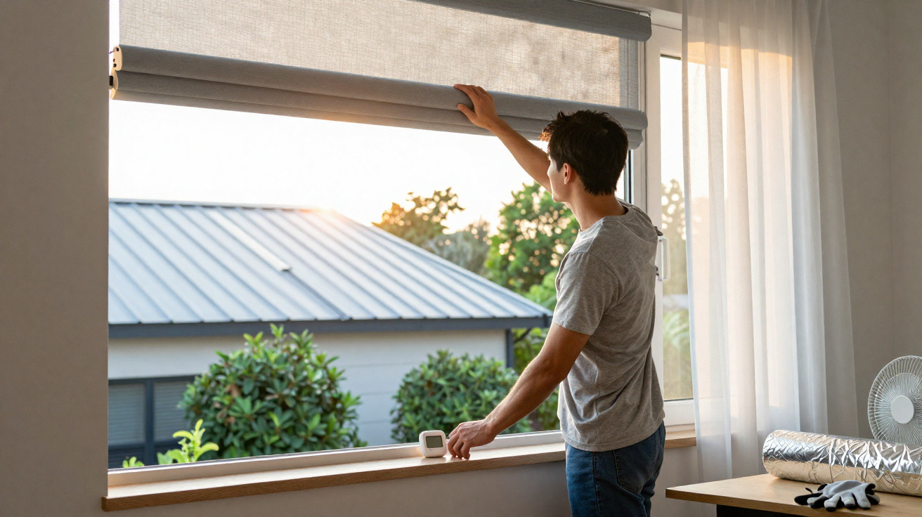 Man in grey t-shirt raising a window blind in a bright room with a fan and gloves on the table.