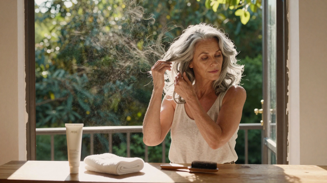 Mature woman with grey hair styling her hair near an open window with hair care products on the table.