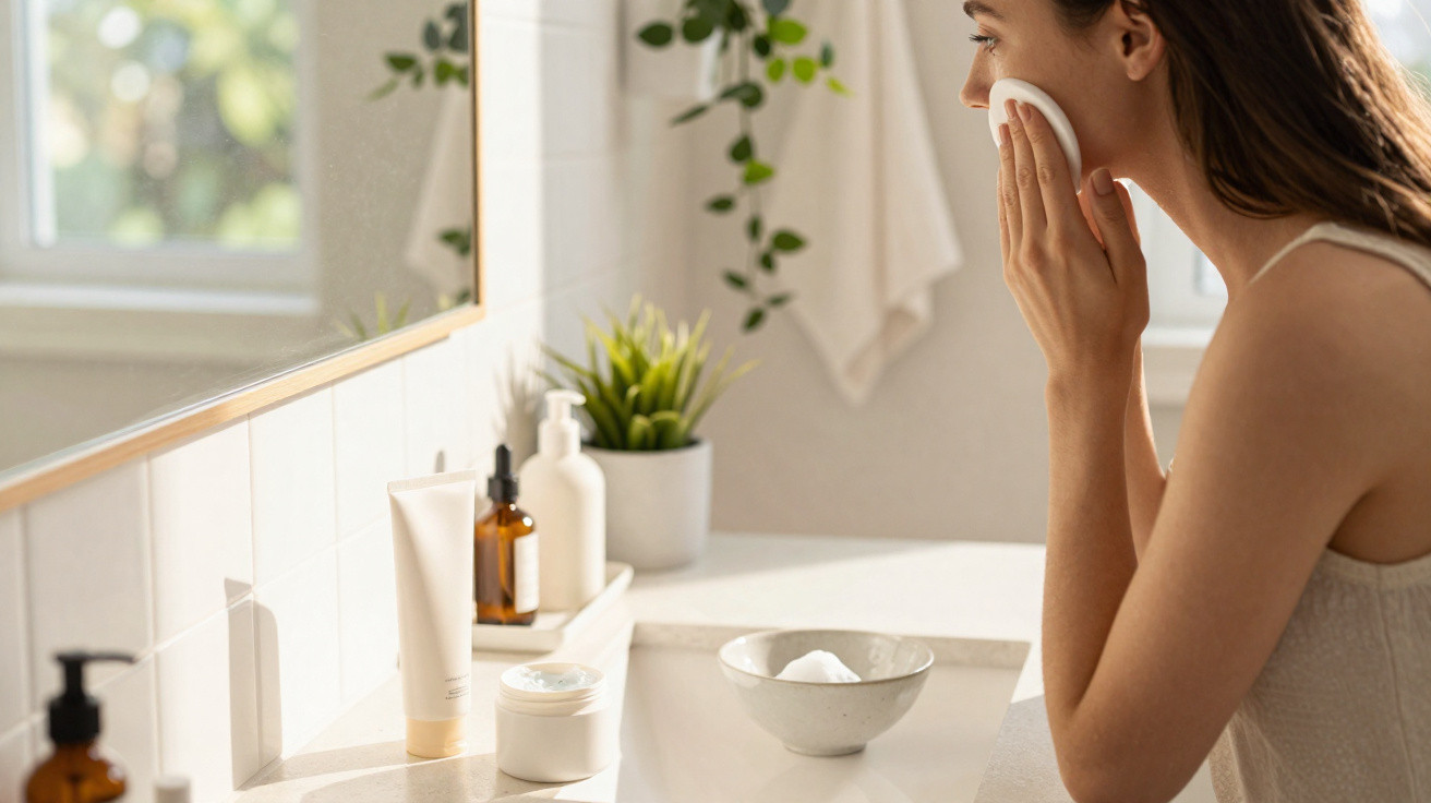 Woman applying skincare with a cotton pad in a bright bathroom with skincare products on the counter.