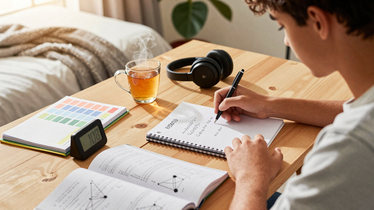 Person writing savings plan notes at a wooden desk with a cup of tea, headphones, and study materials.