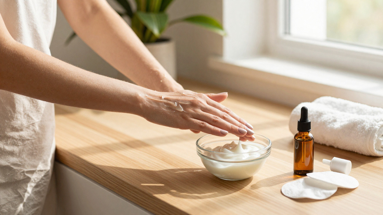 Person applying cream from a glass bowl on their hands by a wooden countertop near a window.