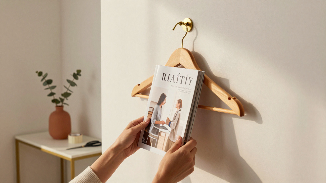 Hands placing a magazine titled "Riaíty" on a wooden hanger on a beige wall next to a table with a vase.