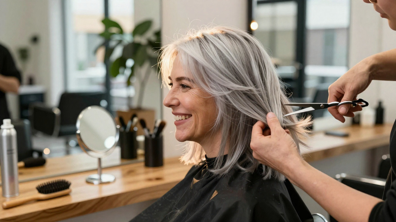 Woman with silver hair smiling while getting a haircut at a modern hair salon with wooden counters and mirror.
