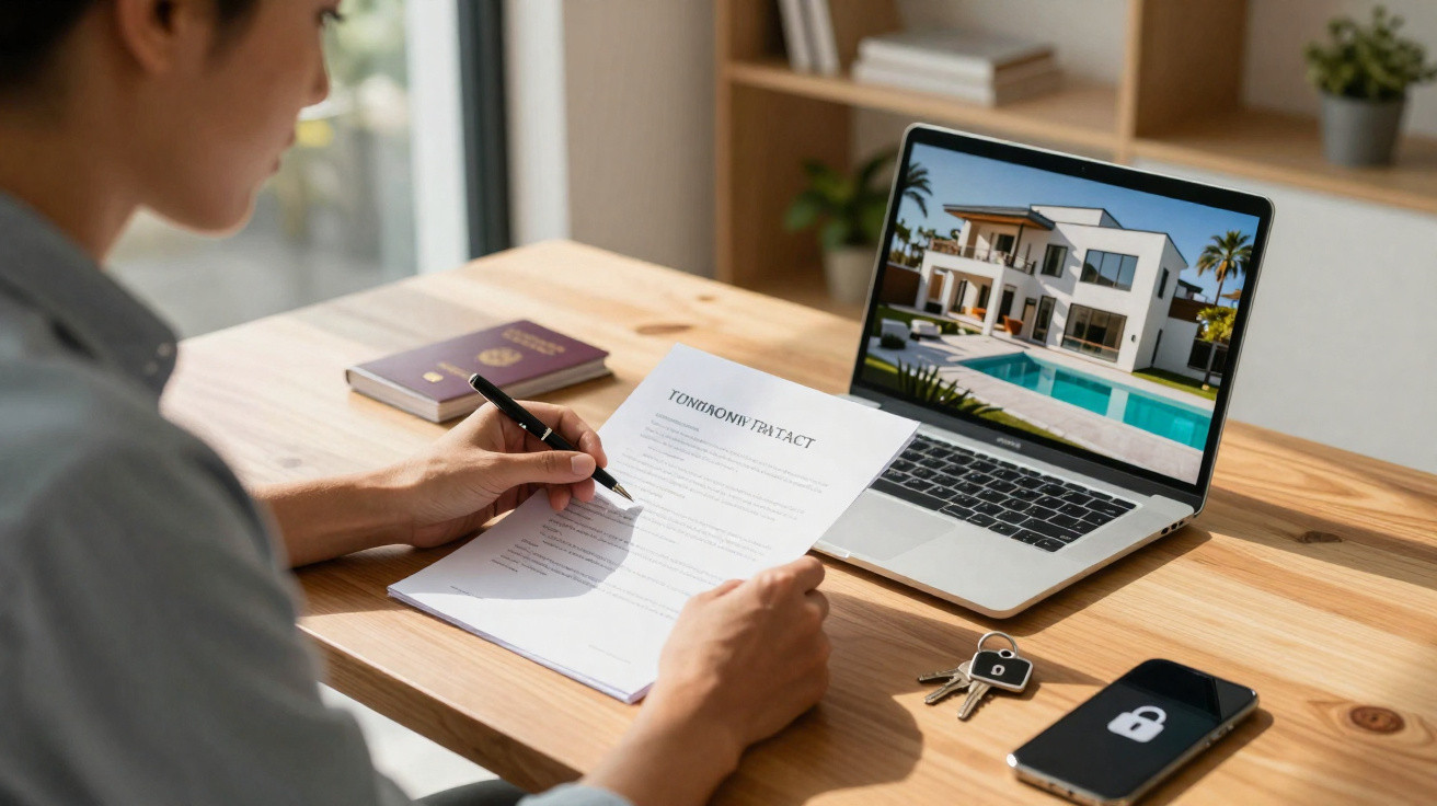 Person reviewing a tenancy contract at a wooden desk with a laptop showing a house and car keys nearby.