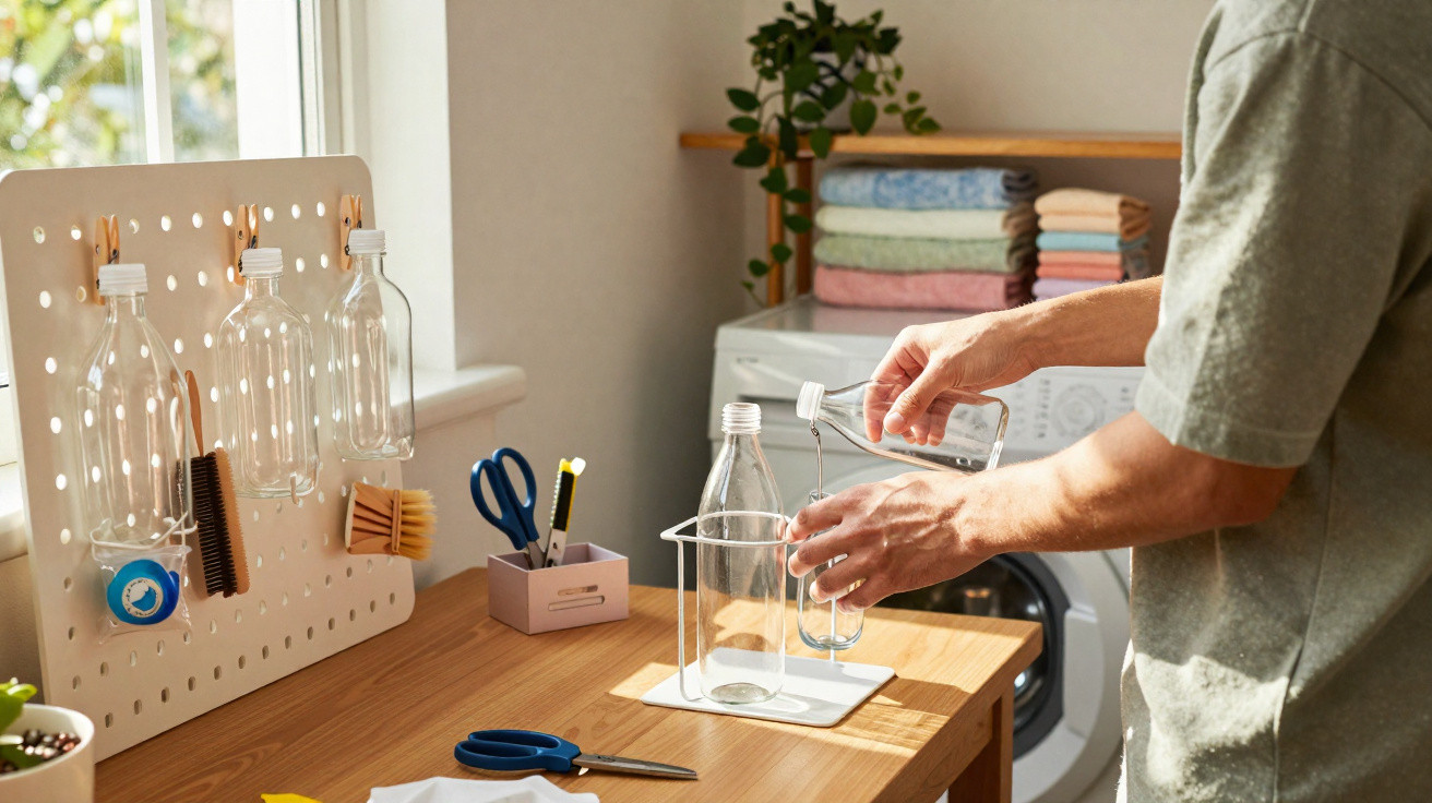 Person pouring water from one clear bottle to another in a bright laundry room with organised cleaning tools.