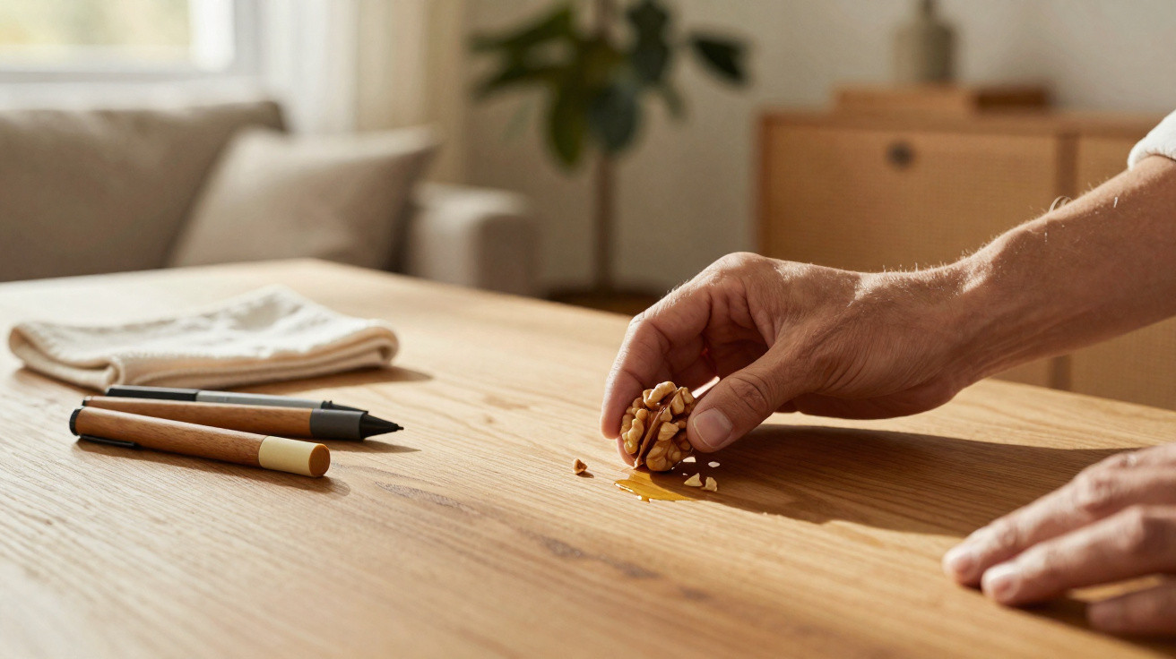 Hand holding cracked walnut with nut pieces on a wooden table near pens and a cloth.