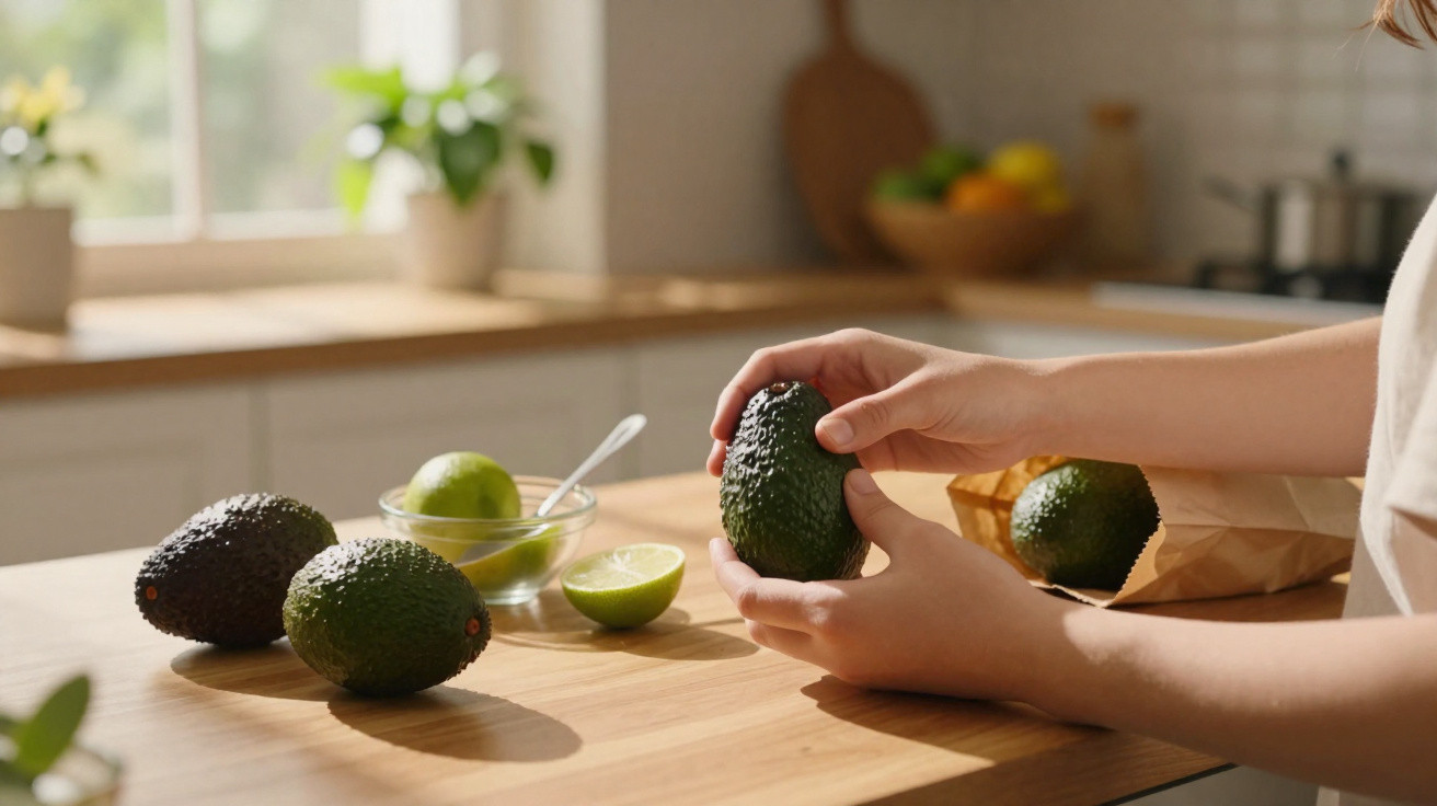Person holding an avocado over a kitchen counter with avocados and lime halves nearby.