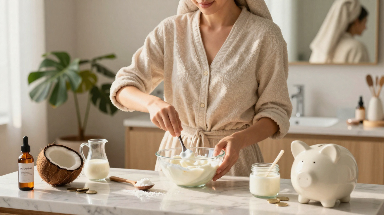 Woman in bathrobe mixing ingredients in a glass bowl on kitchen counter with coconut, milk, and piggy bank nearby