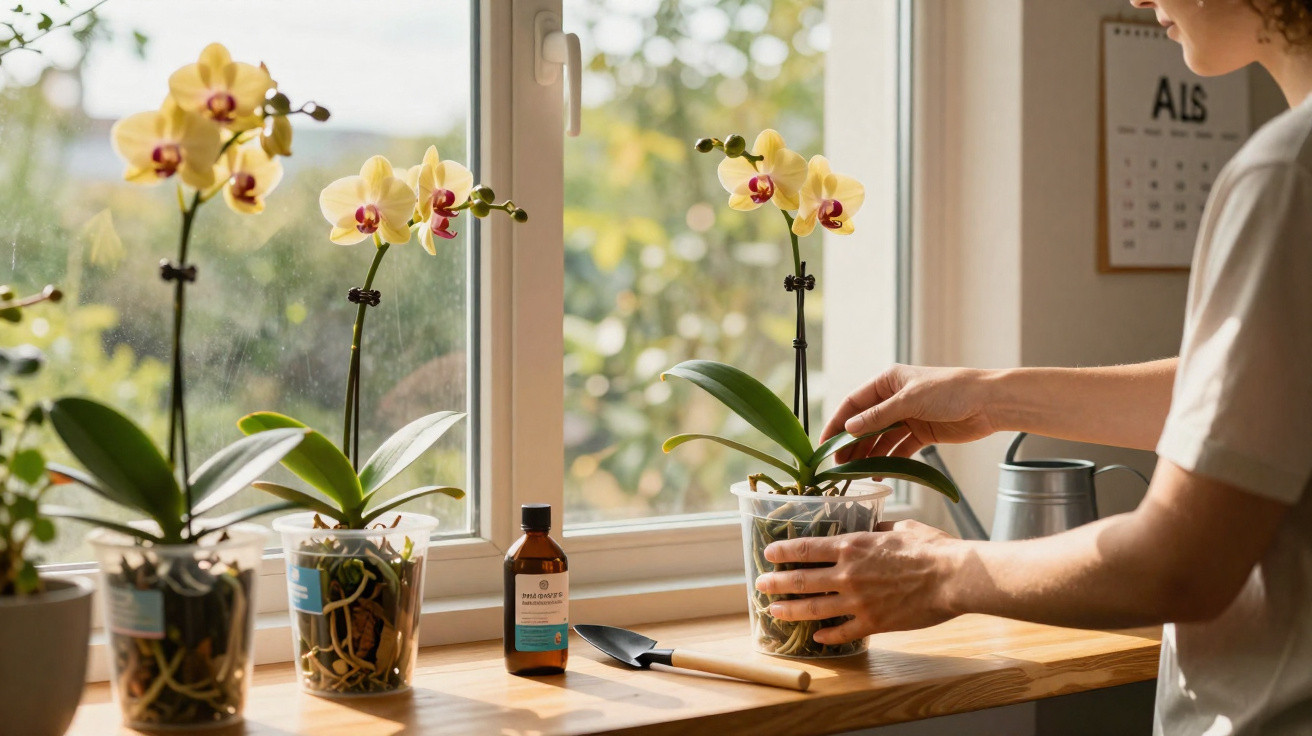 Person tending to yellow orchids on a windowsill with gardening tools and a watering can nearby.