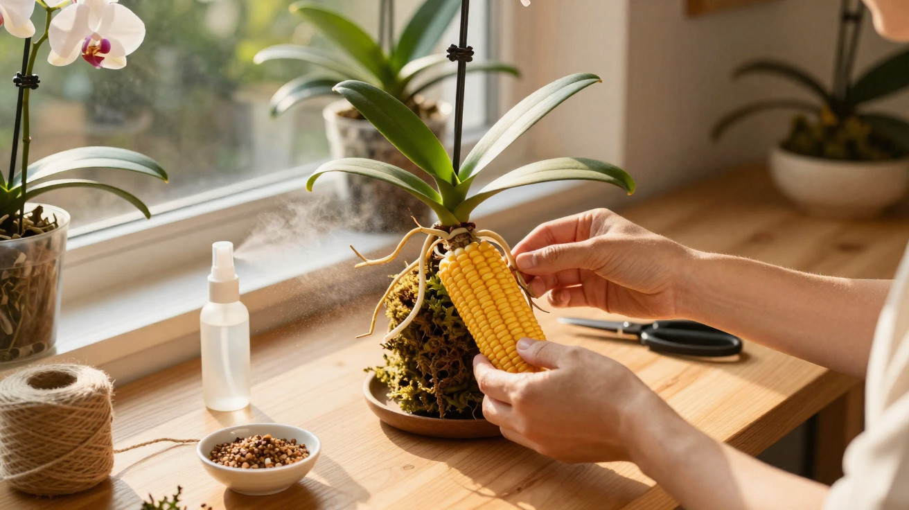 Hands holding an orchid plant with a corn cob attached, beside plant care items on a wooden table by a window.
