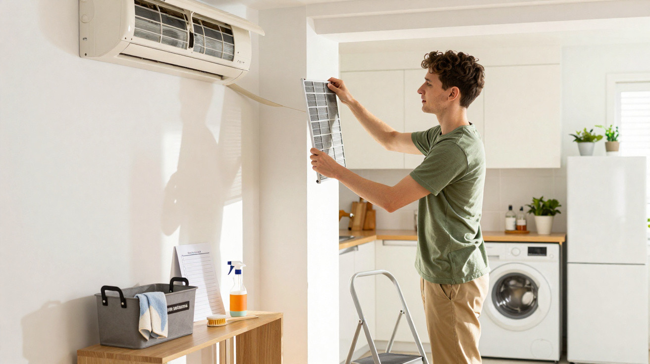 Young man cleaning or repairing an air conditioner filter in a bright modern kitchen.