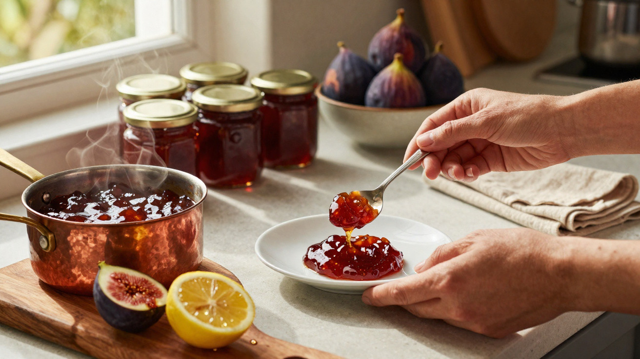 Hands spooning freshly made fig jam onto a white plate beside a saucepan and jars of jam on a kitchen counter.
