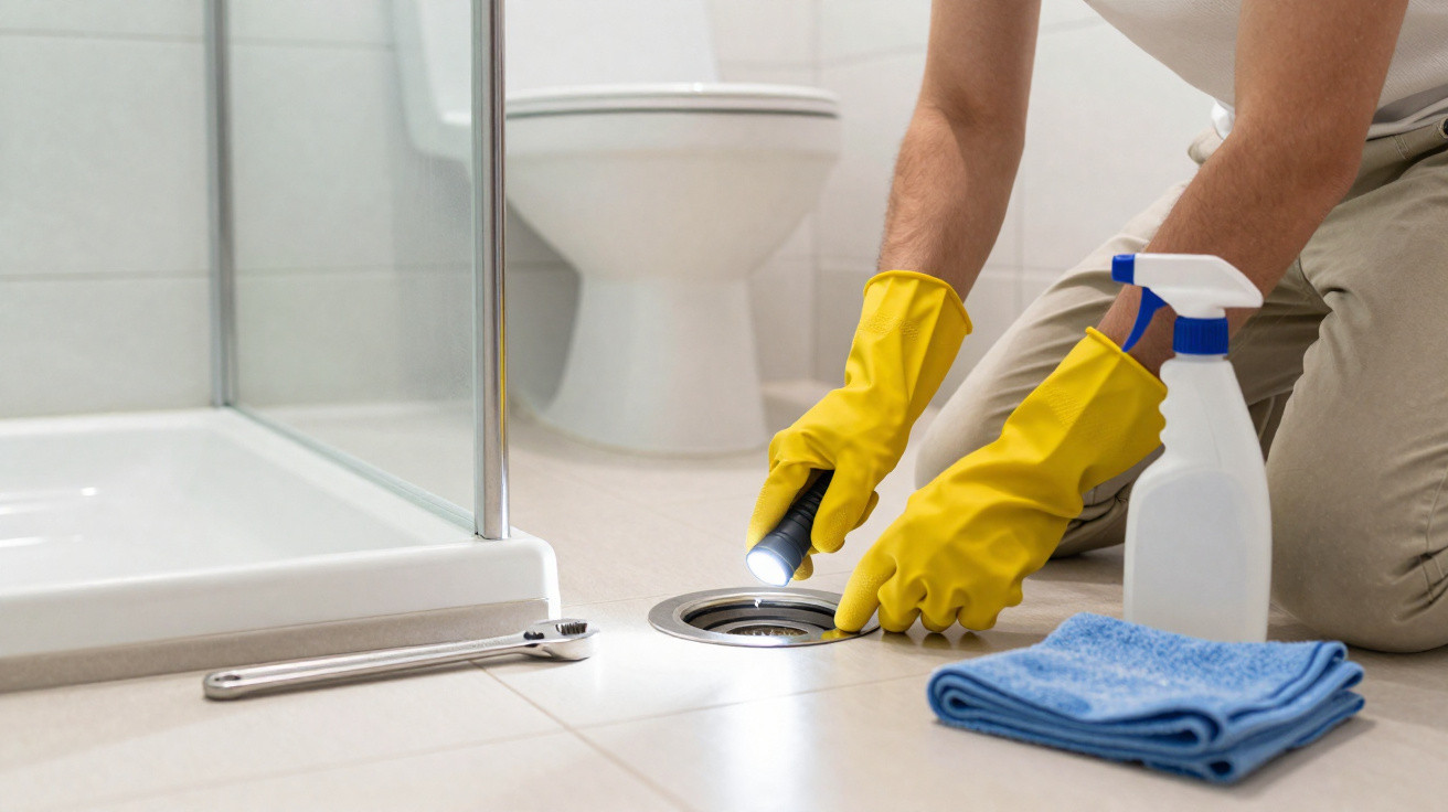 Person wearing yellow gloves inspecting a bathroom drain with a flashlight and cleaning supplies nearby.