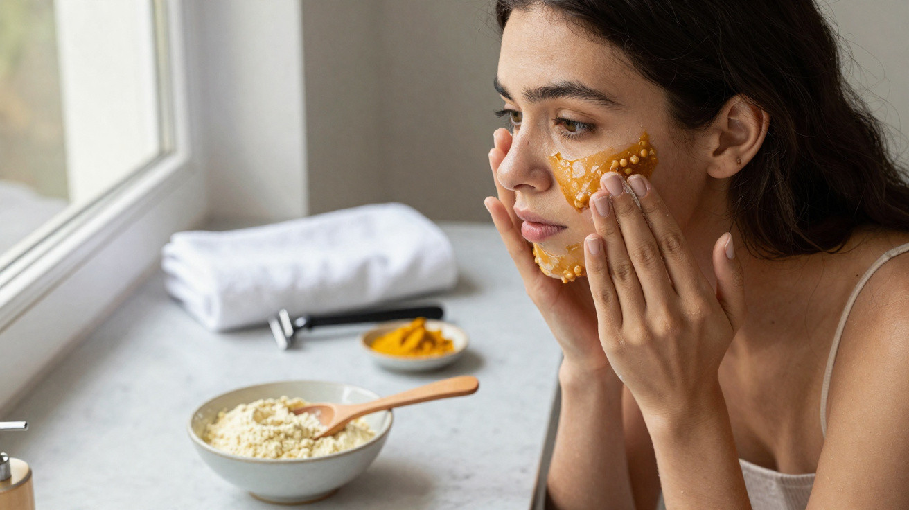 Young woman applying turmeric face mask with natural ingredients on her cheeks by a window.