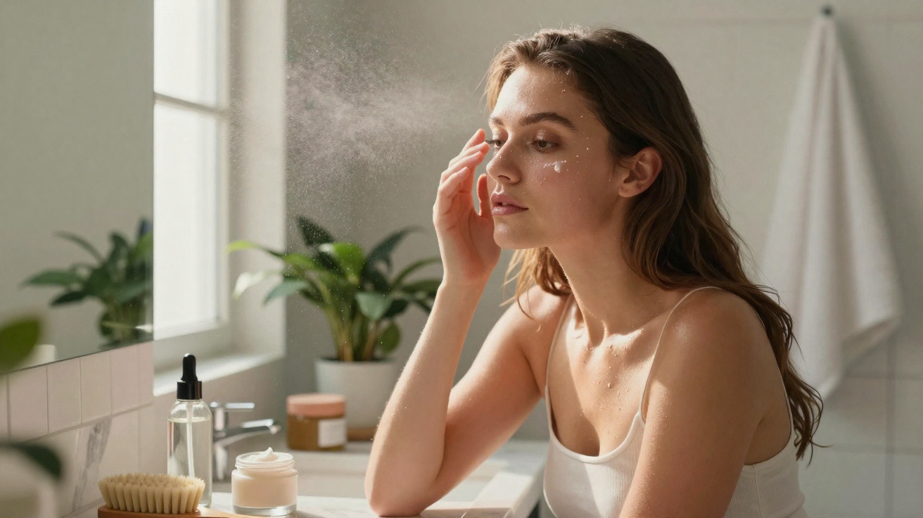 Young woman applying facial mist and cream in a bright bathroom with plants and skincare products on the counter.
