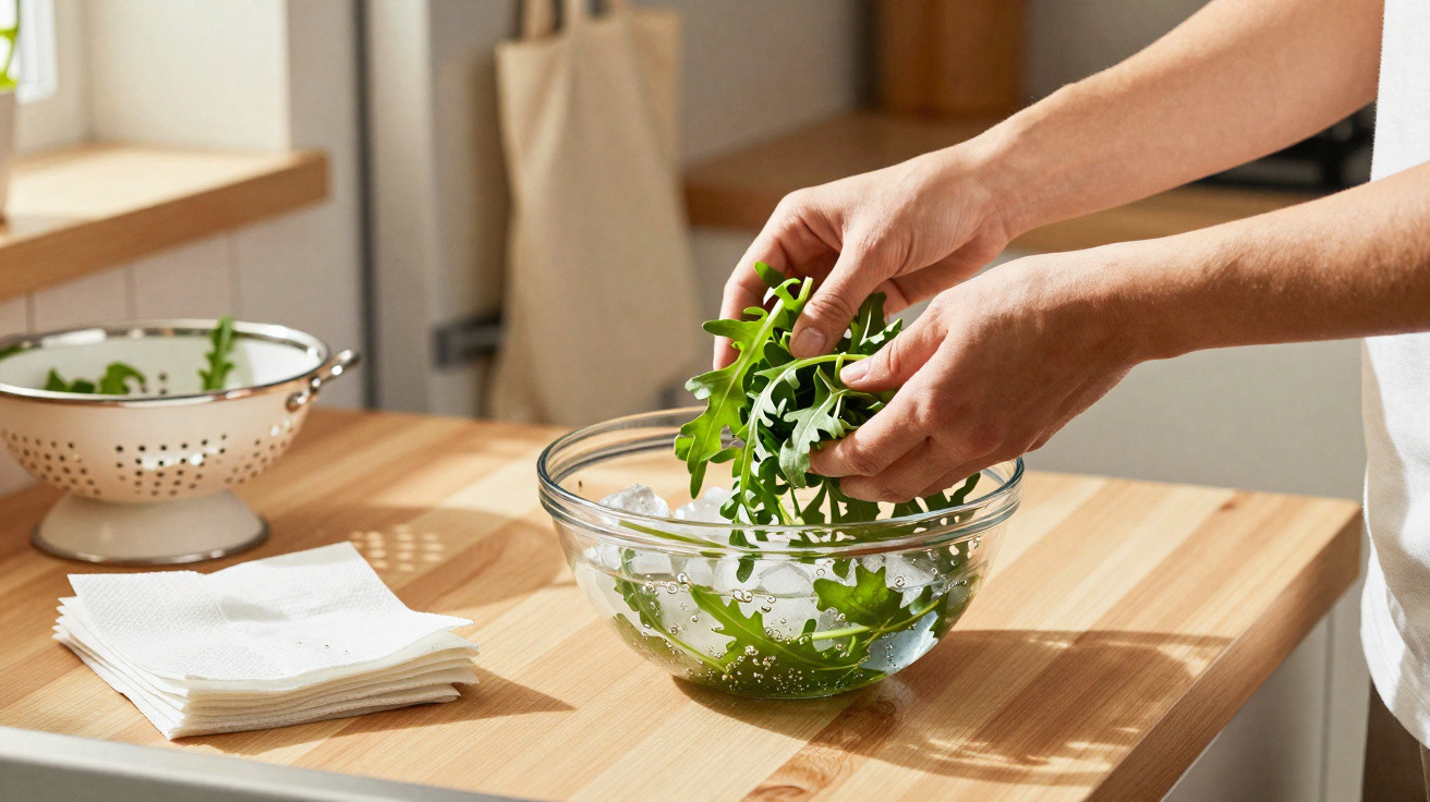 Person rinsing fresh green leaves in a glass bowl of water on a wooden kitchen counter.