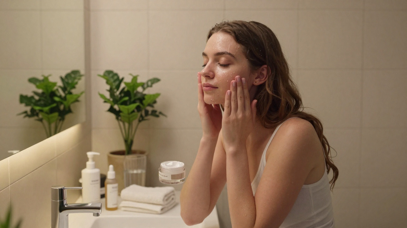 Woman applying facial cream in bathroom, surrounded by skincare products and plants on the sink counter.