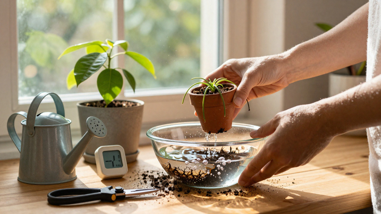 Hands rinsing a small potted plant over a glass bowl on a wooden table near a window.