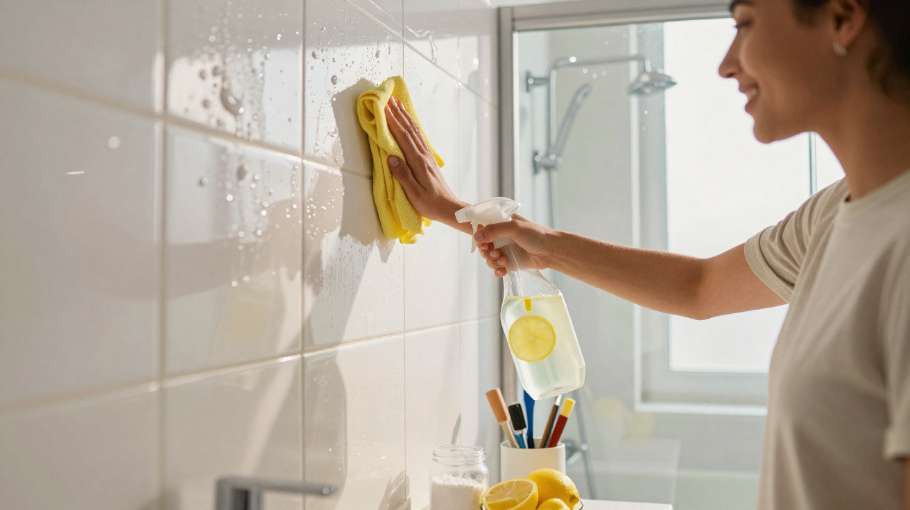 Person cleaning white bathroom tiles with yellow cloth and lemon-scented spray bottle near shower area