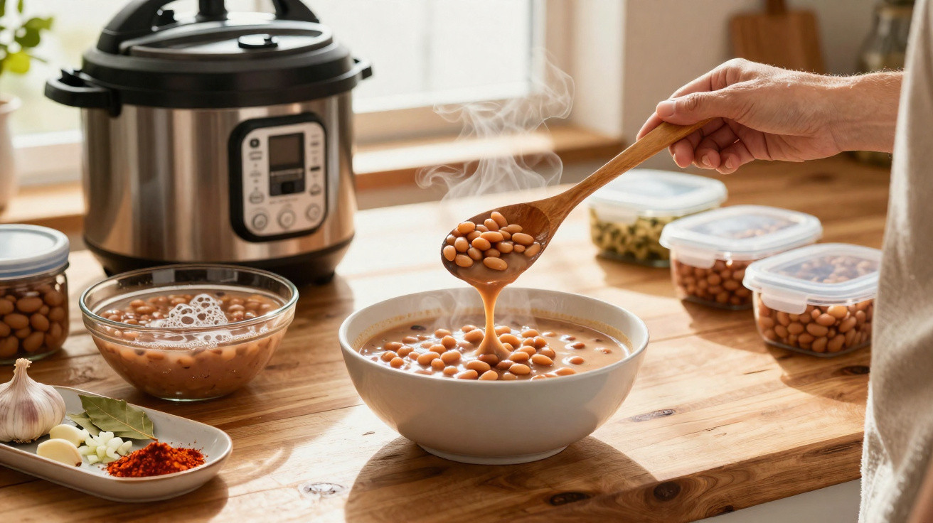 Person stirring steaming bowl of cooked beans on wooden kitchen counter near pressure cooker and spices.
