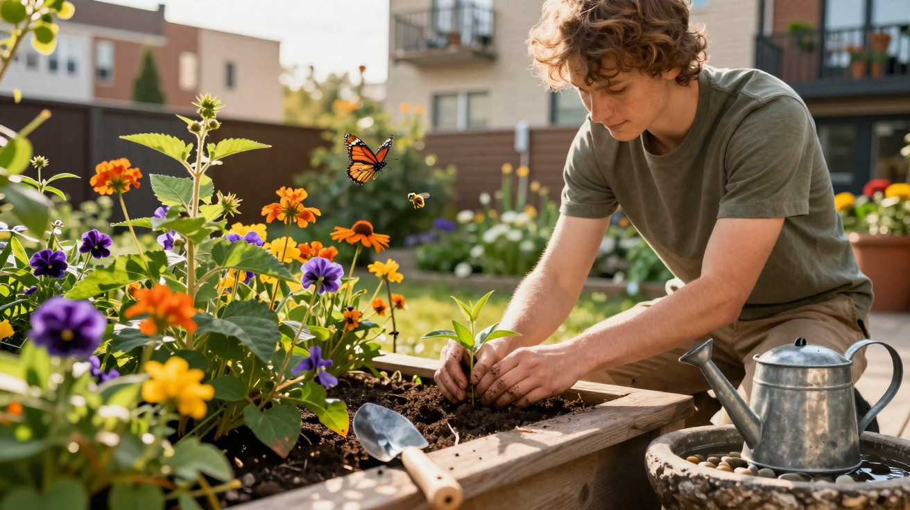 Person planting a seedling in a raised garden bed surrounded by colourful flowers and a watering can.