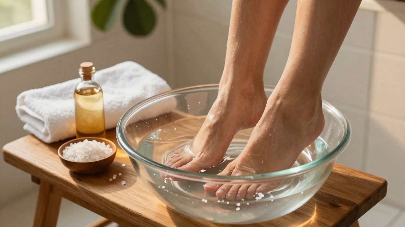 Feet soaking in a glass bowl of water with bath salts on a wooden bench beside towels and a bottle of oil.