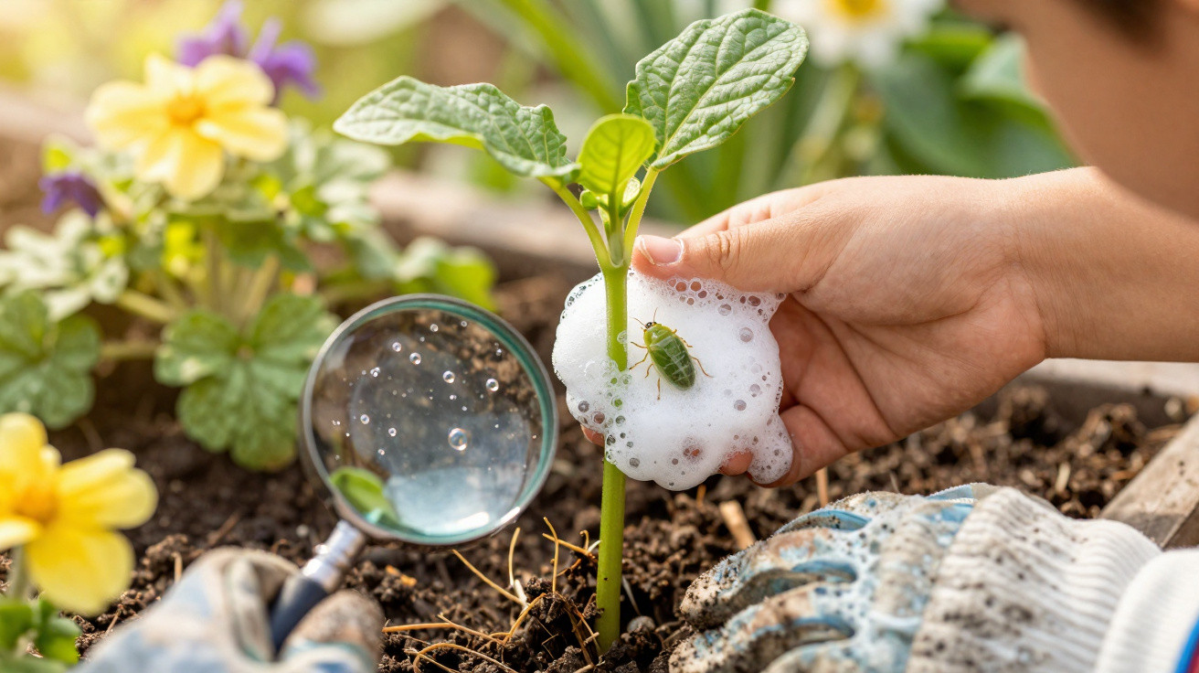 Child’s hand applying soapy foam to plant stem to remove green insect, with magnifying glass and gardening gloves nearby.