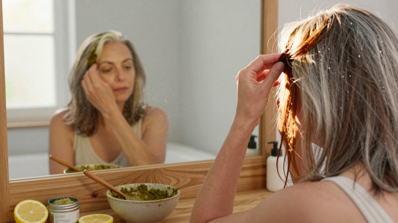 Middle-aged woman applying green facial mask in front of a bathroom mirror with skincare products nearby.