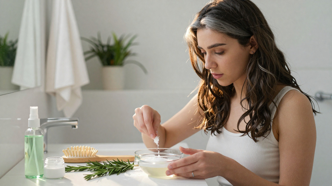 Woman in white tank top mixing ingredients in a bowl on a bathroom counter with plants and beauty products nearby
