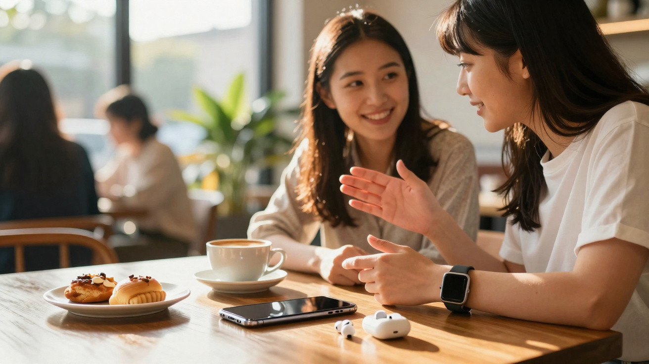 Two young women chatting at a café table with coffee, pastries, a smartphone, and wireless earbuds.