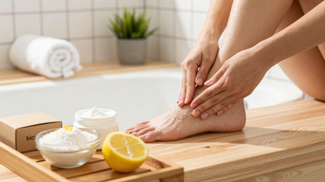Person exfoliating foot with scrub in spa-like bathroom setting with lemon and skincare products nearby