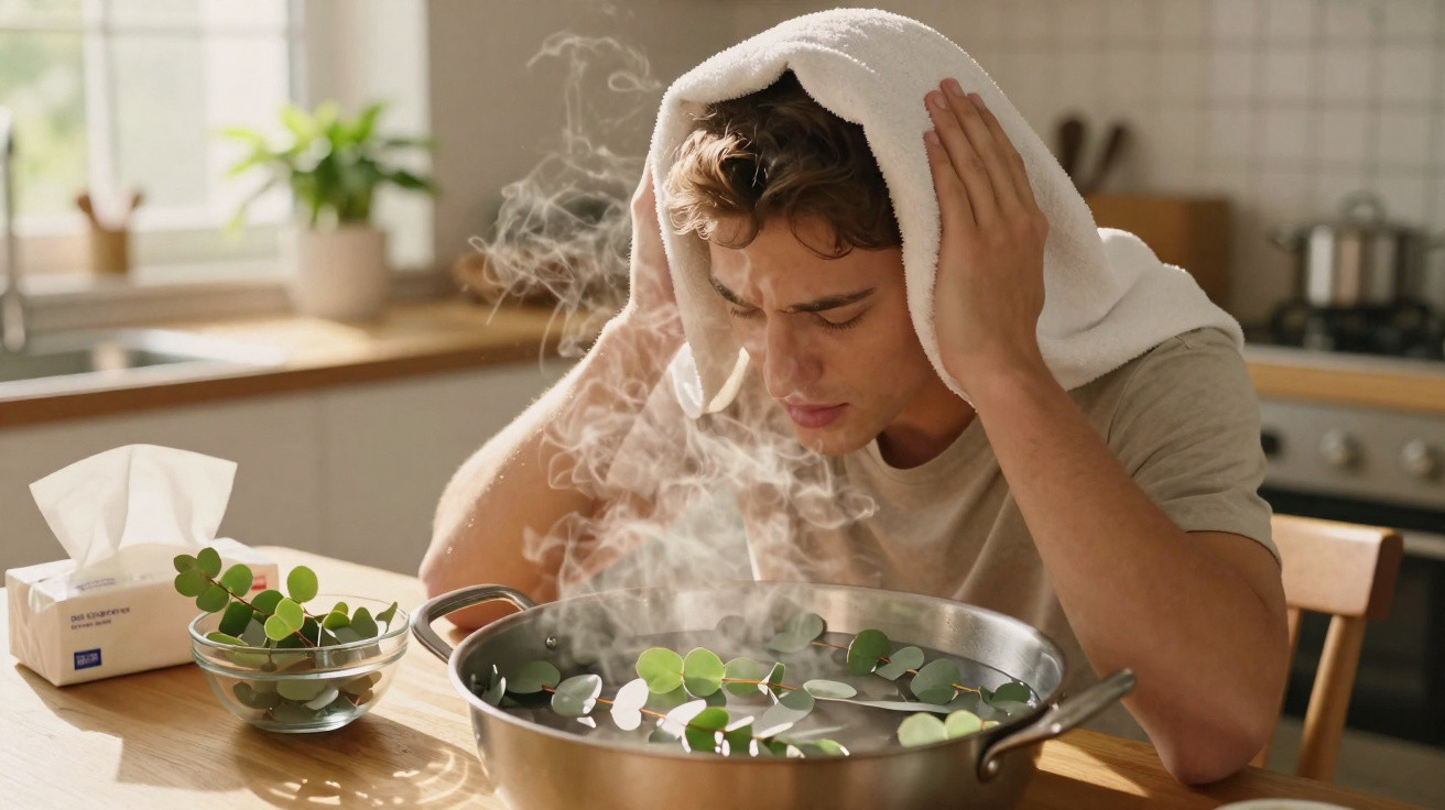 Young man with towel over head inhaling steam from a bowl with eucalyptus leaves on a kitchen table