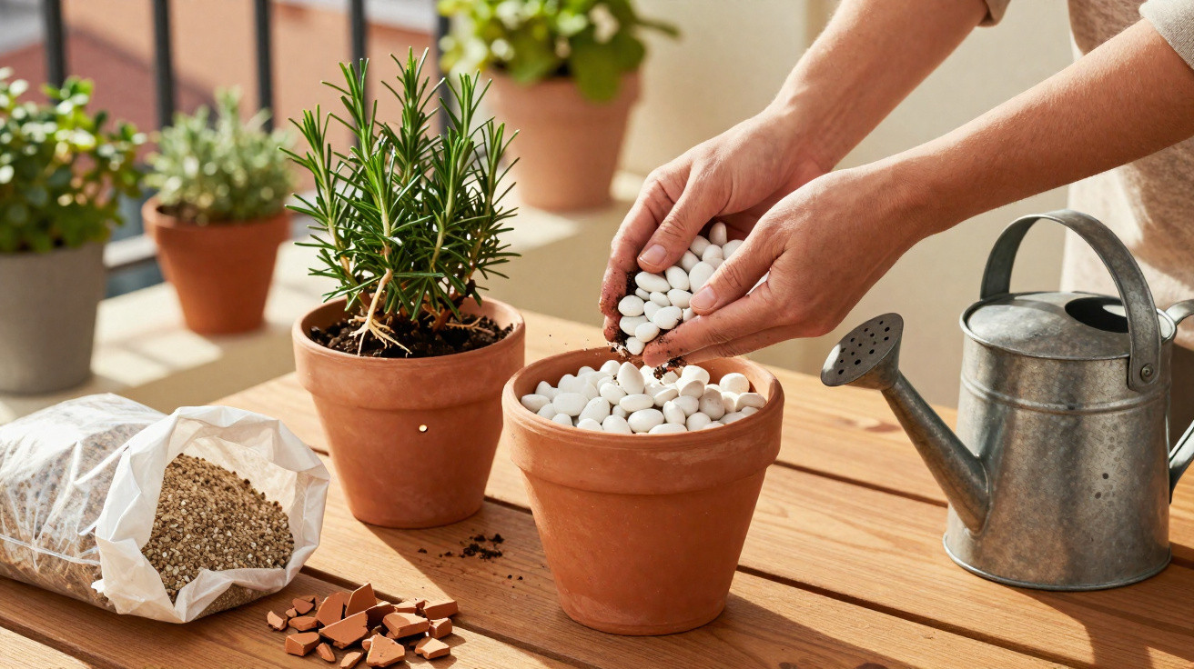 Person adding white pebble stones to a terracotta pot with a rosemary plant and a watering can nearby