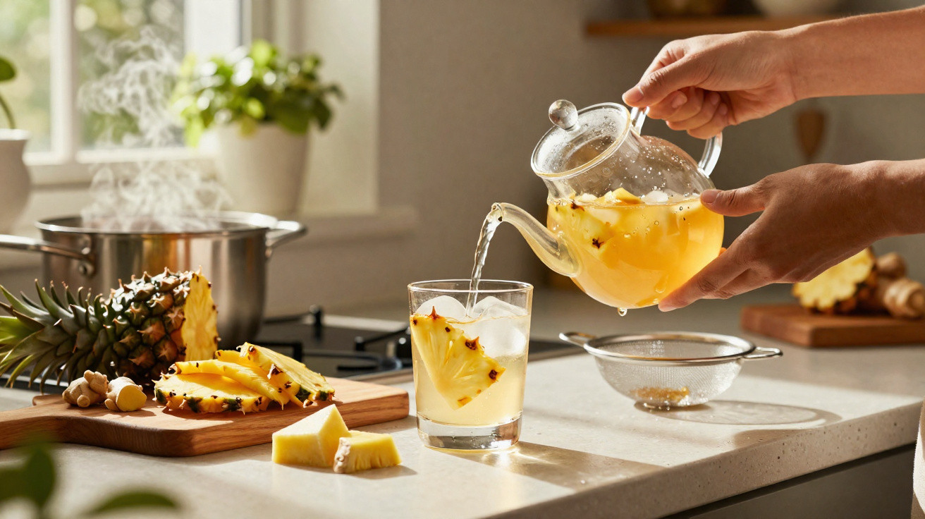 Hands pouring pineapple tea with ice and fruit from a glass teapot into a glass on a kitchen counter.