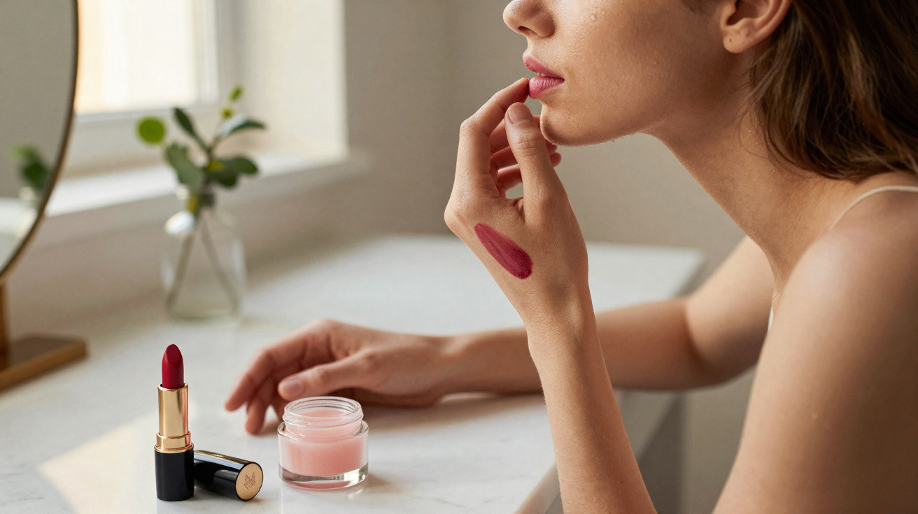 Woman testing red lipstick on her hand while sitting at vanity with lipstick and cream jar.
