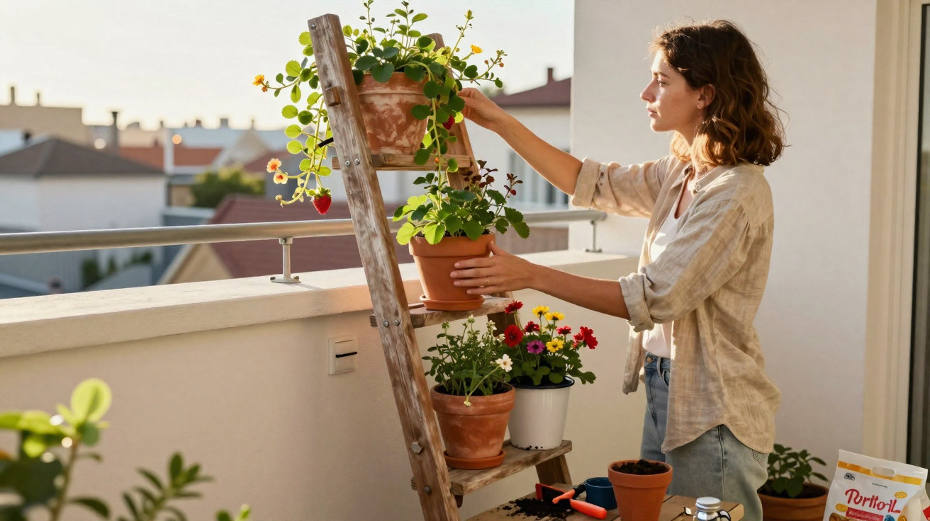 Woman tending to potted plants on a wooden ladder stand on a balcony during sunset.